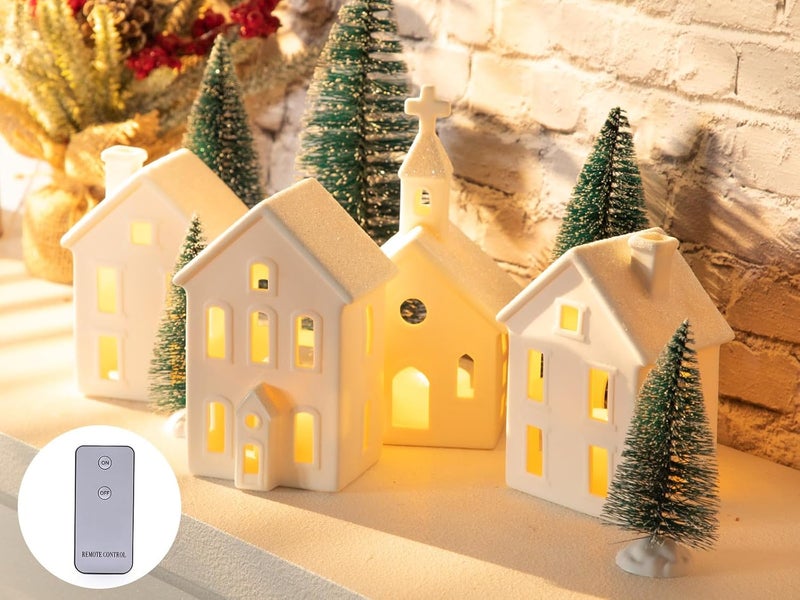 BUTITNOW 9 Pcs Christmas Village Figurines Sets - 4 Lighted Ceramic Houses with Remote Control & 5 Trees - Christmas Decorations Indoor - White Xmas Holiday Farmhouse Rustic Decor for Home Table Room - Image 1